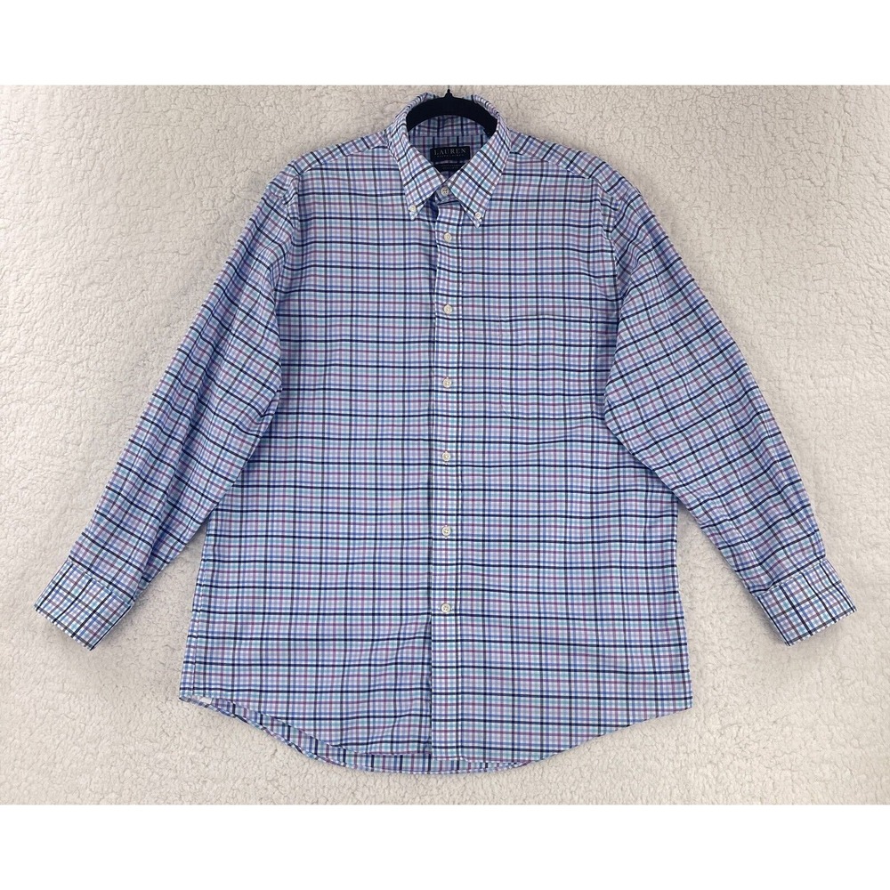 Lauren Ralph Lauren Button-Down Shirt Mens Large‎ Blue Plaid Regular Fit Stretch